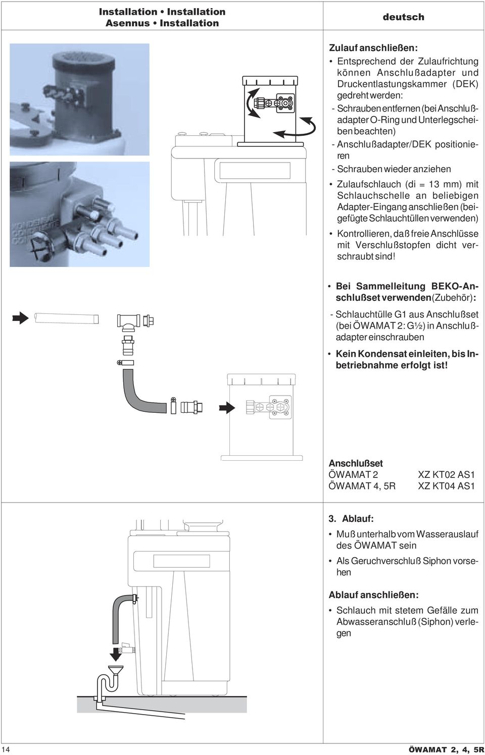 Adapter-Eingang anschließen (beigefügte Schlauchtüllen verwenden) Kontrollieren, daß freie Anschlüsse mit Verschlußstopfen dicht verschraubt sind!