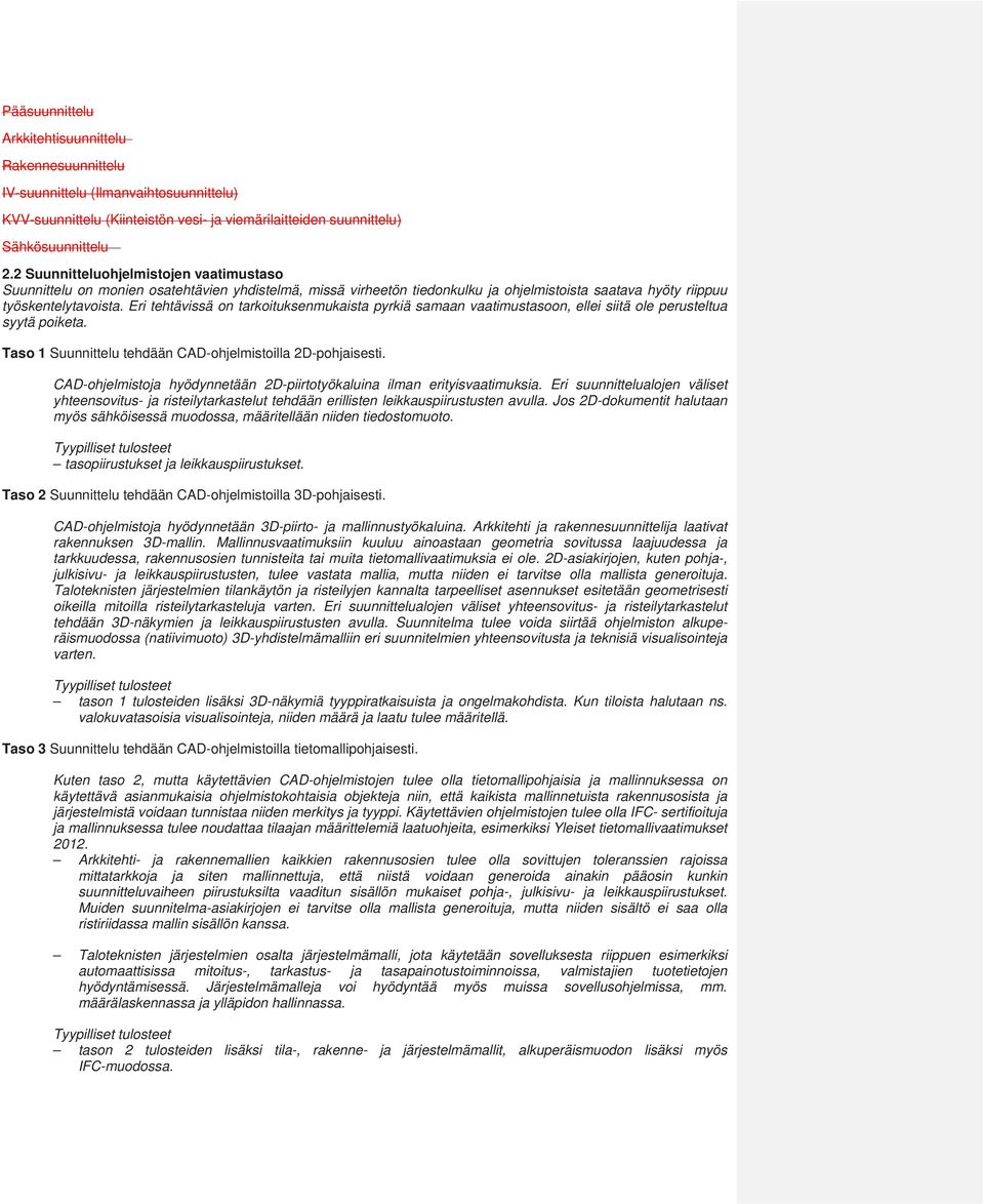 Eri tehtävissä on tarkoituksenmukaista pyrkiä samaan vaatimustasoon, ellei siitä ole perusteltua syytä poiketa. Taso 1 Suunnittelu tehdään CAD-ohjelmistoilla 2D-pohjaisesti.