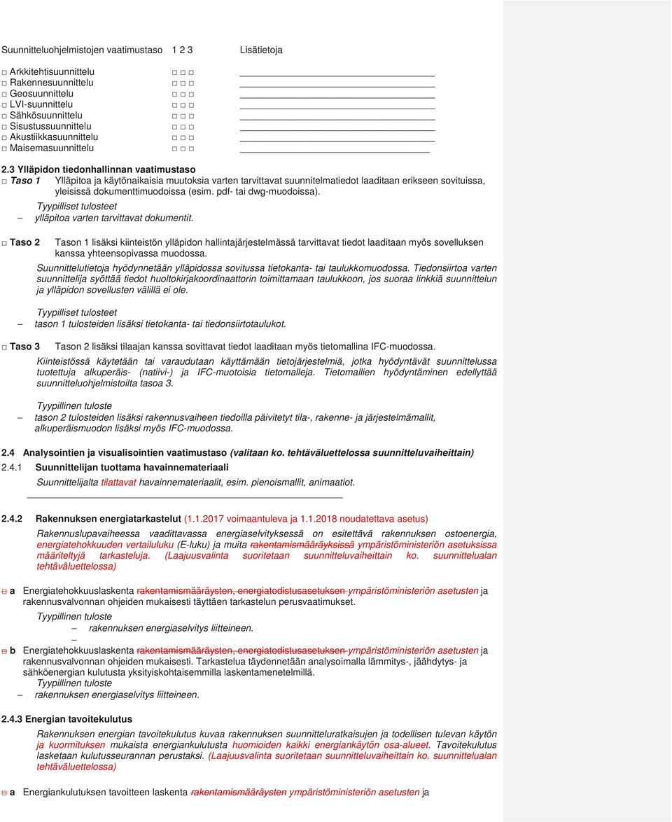 3 Ylläpidon tiedonhallinnan vaatimustaso Taso 1 Ylläpitoa ja käytönaikaisia muutoksia varten tarvittavat suunnitelmatiedot laaditaan erikseen sovituissa, yleisissä dokumenttimuodoissa (esim.