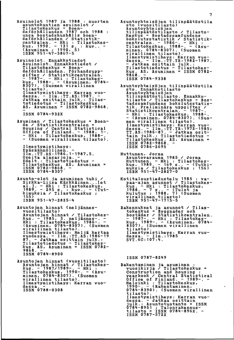 Hki : Tilastokeskus, 1988. (Asuminen, 0784 8307). (Suomen virallinen ti lasto). I lmestymistiheys: Kerran vuodessa. I lm.:tt.as :1987. Jatkaa osittain julk.: Tilastotiedotus Tilastokeskus.