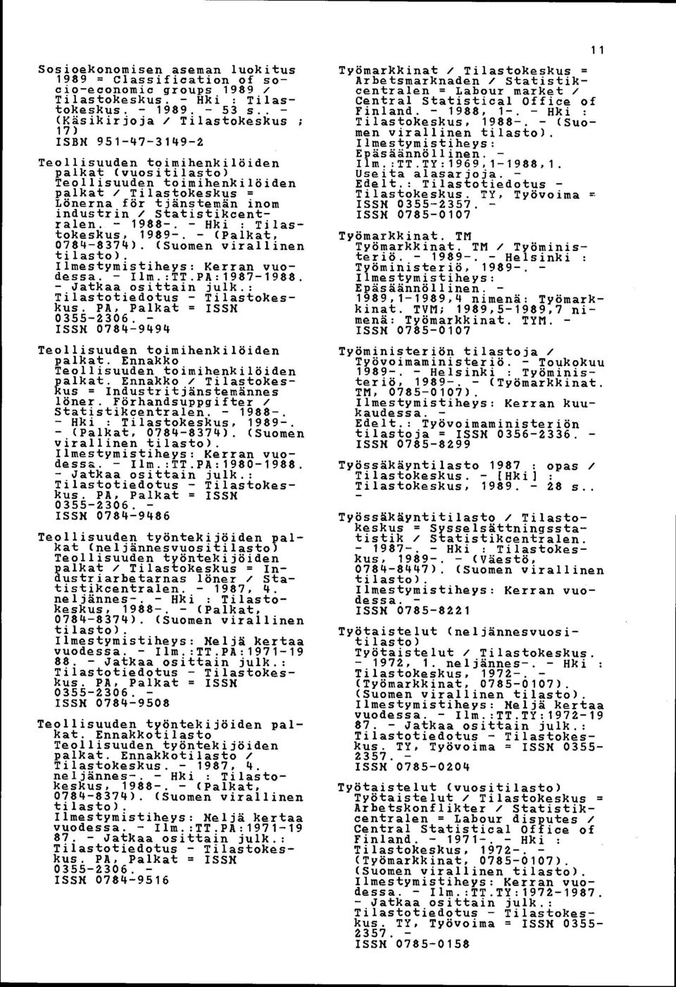 / Statistikcentralen. 1988. Hki : Tilastokeskus, 1989, (Palkat, 07848374). (Suomen virallinen Ilm. :TT.PA :19871988. PA, Palkat = ISSK 03552306. ISSN 07849494 Teollisuuden toimihenkilöiden palkat.