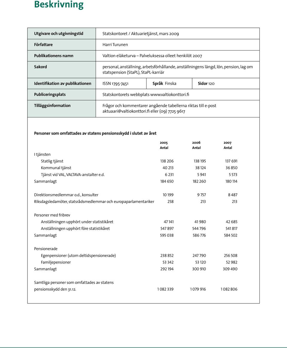 Sidor 0 Statskontorets webbplats www.valtiokonttori.fi Frågor och kommentarer angående tabellerna riktas till epost aktuaari@valtiokonttori.