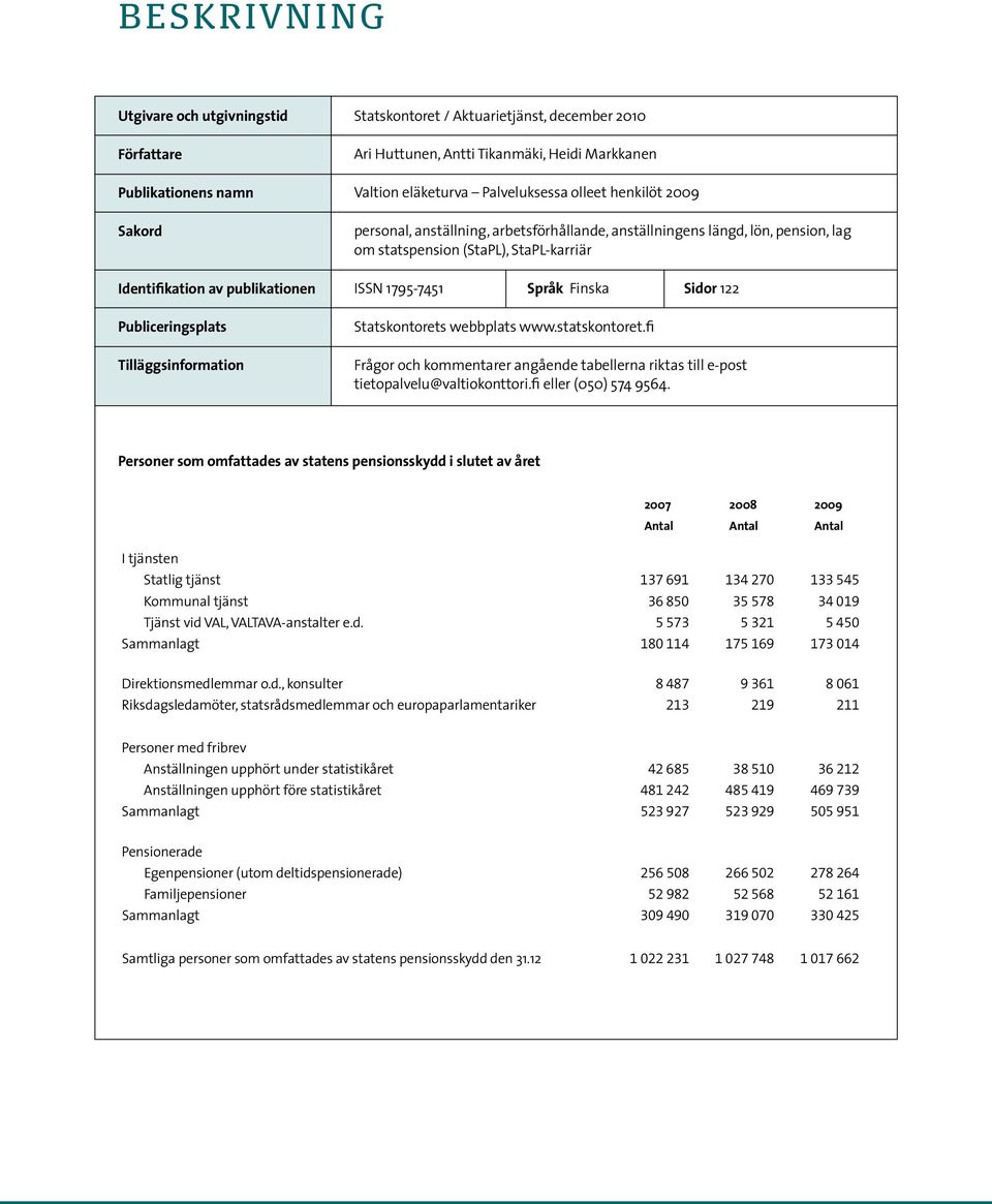 (StaPL), StaPL-karriär ISSN 1795-7451 Språk Finska Sidor 122 Statskontorets webbplats www.statskontoret.fi Frågor och kommentarer angående tabellerna riktas till e-post tietopalvelu@valtiokonttori.