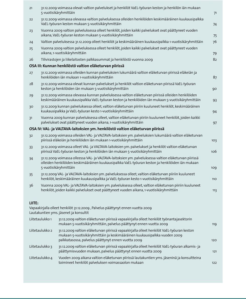 mukaan 5-vuotisikäryhmittäin 75 24 Valtion palveluksessa olleet henkilöt ja keskimääräinen kuukausipalkka 1-vuotisikäryhmittäin 76 25 Vuonna 2009 valtion palveluksessa olleet henkilöt, joiden kaikki