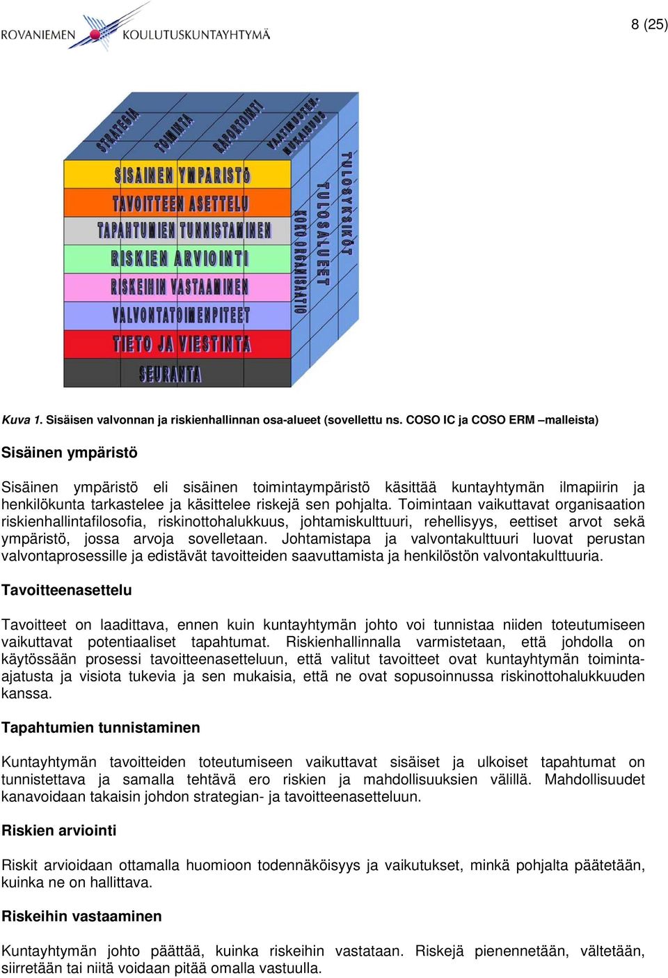 Toimintaan vaikuttavat organisaation riskienhallintafilosofia, riskinottohalukkuus, johtamiskulttuuri, rehellisyys, eettiset arvot sekä ympäristö, jossa arvoja sovelletaan.