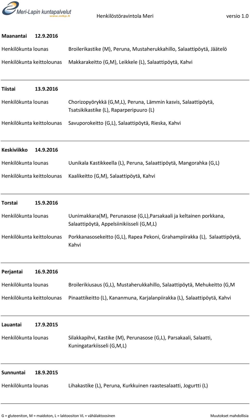 Salaattipöytä, Appelsiinikiisseli (G,M,L) Porkkanasosekeitto (G,L), Rapea Pekoni, Grahampiirakka (L), Salaattipöytä, Kahvi Perjantai 16.9.