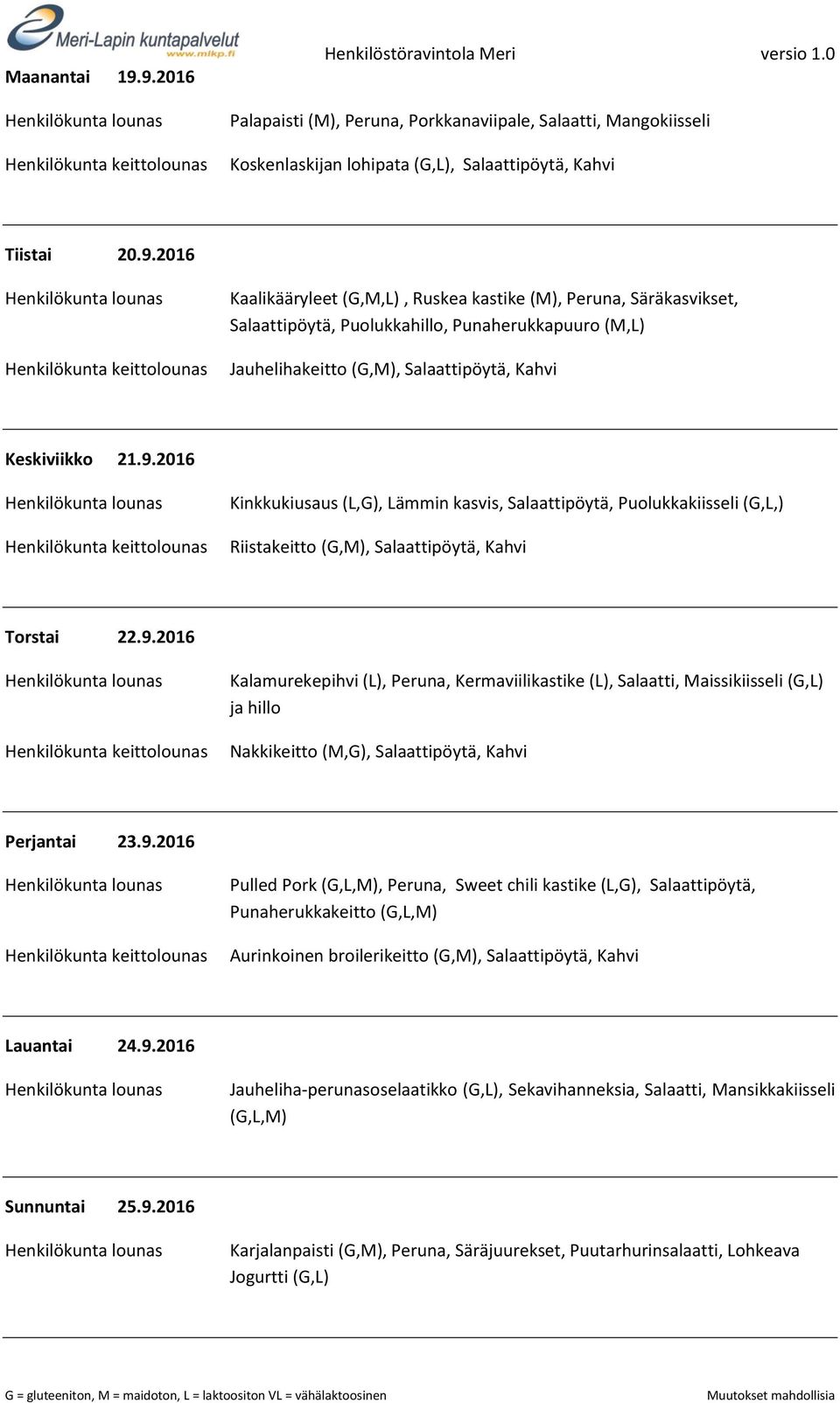 9.2016 Pulled Pork, Peruna, Sweet chili kastike (L,G), Salaattipöytä, Punaherukkakeitto Aurinkoinen broilerikeitto (G,M), Salaattipöytä, Kahvi Lauantai 24.9.2016 Jauheliha-perunasoselaatikko (G,L), Sekavihanneksia, Salaatti, Mansikkakiisseli Sunnuntai 25.