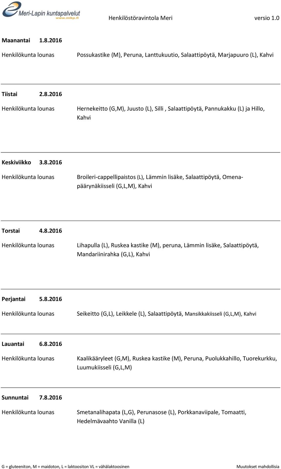 8.2016 Seikeitto (G,L), Leikkele (L), Salaattipöytä, Mansikkakiisseli (G,L,M), Lauantai 6.8.2016 Kaalikääryleet (G,M), Ruskea kastike (M), Peruna, Puolukkahillo, Tuorekurkku, Luumukiisseli (G,L,M) Sunnuntai 7.