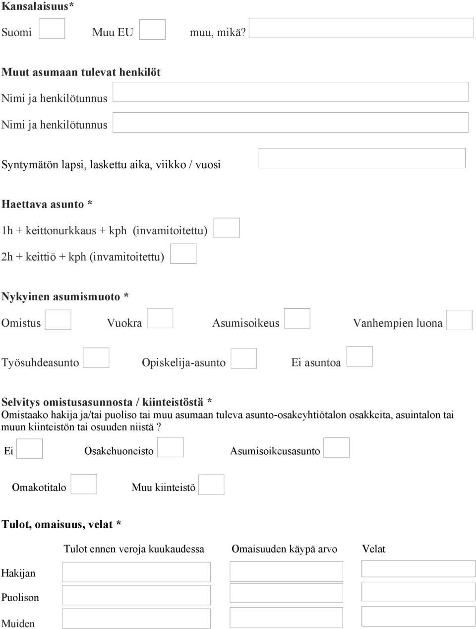 (invamitoitettu) 2h + keittiö + kph (invamitoitettu) Nykyinen asumismuoto * Omistus Vuokra Asumisoikeus Vanhempien luona Työsuhdeasunto Opiskelija-asunto Ei asuntoa Selvitys