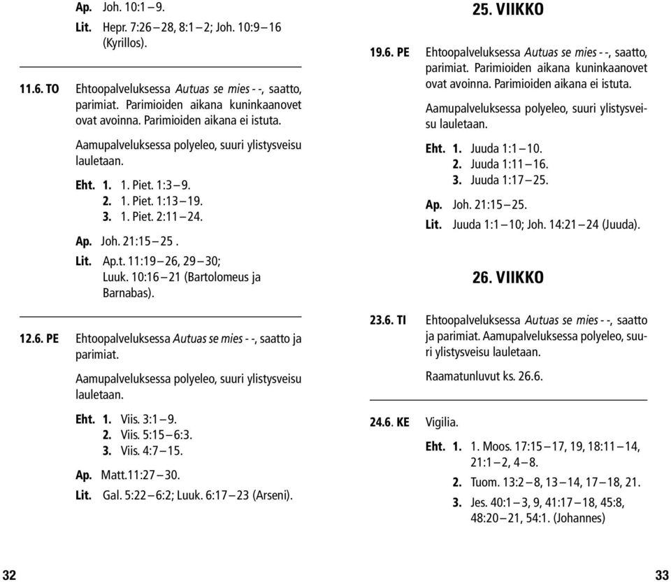 10:16 21 (Bartolomeus ja Barnabas). 12.6. pe Ehtoopalveluksessa Autuas se mies - -, saatto ja parimiat. Aamupalveluksessa polyeleo, suuri ylistysveisu lauletaan. Eht. 1. Viis. 3:1 9. 2. Viis. 5:15 6:3.