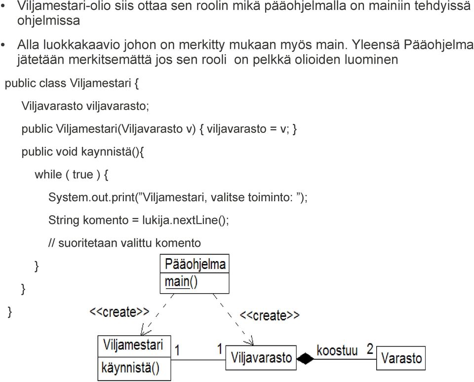 Yleensä Pääohjelma jätetään merkitsemättä jos sen rooli on pelkkä olioiden luominen public class Viljamestari { Viljavarasto