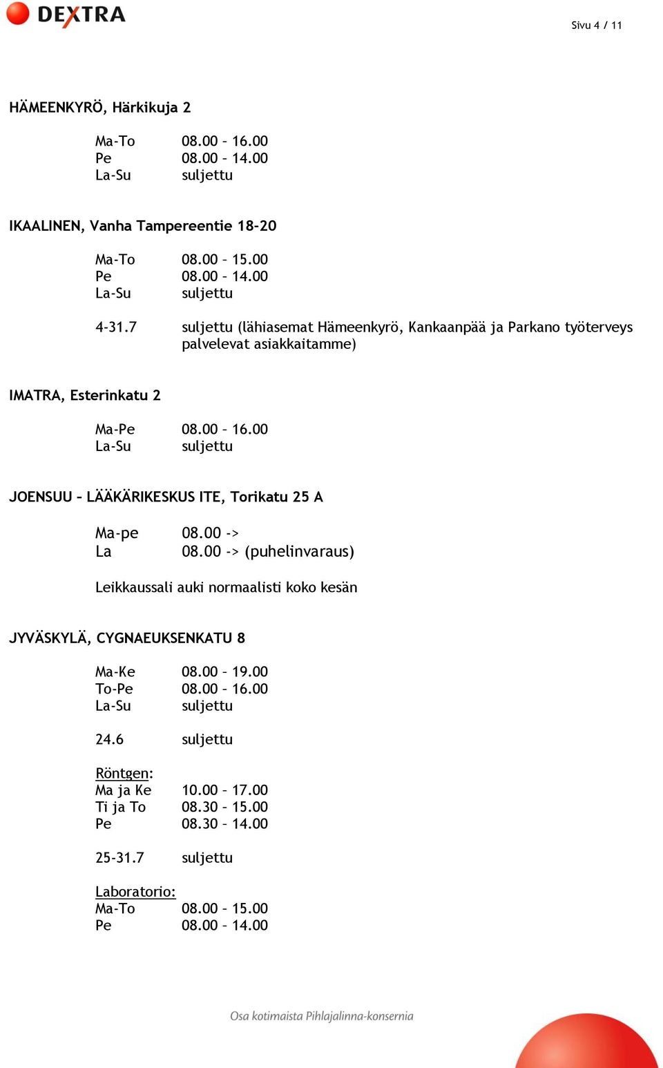 08.00 16.00 JOENSUU LÄÄKÄRIKESKUS ITE, Torikatu 25 A Ma-pe 08.00 -> La 08.