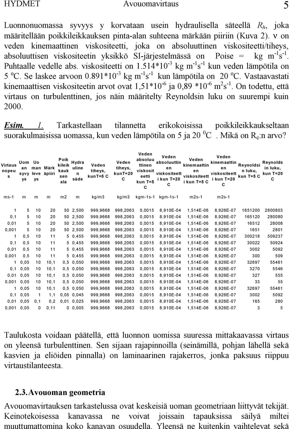 viskositeetti on 1.514*10 3 kg m 1 s 1 kun veden lämpötila on 5 o C. Se laskee arvoon 0.891*10 3 kg m 1 s 1 kun lämpötila on 0 o C.