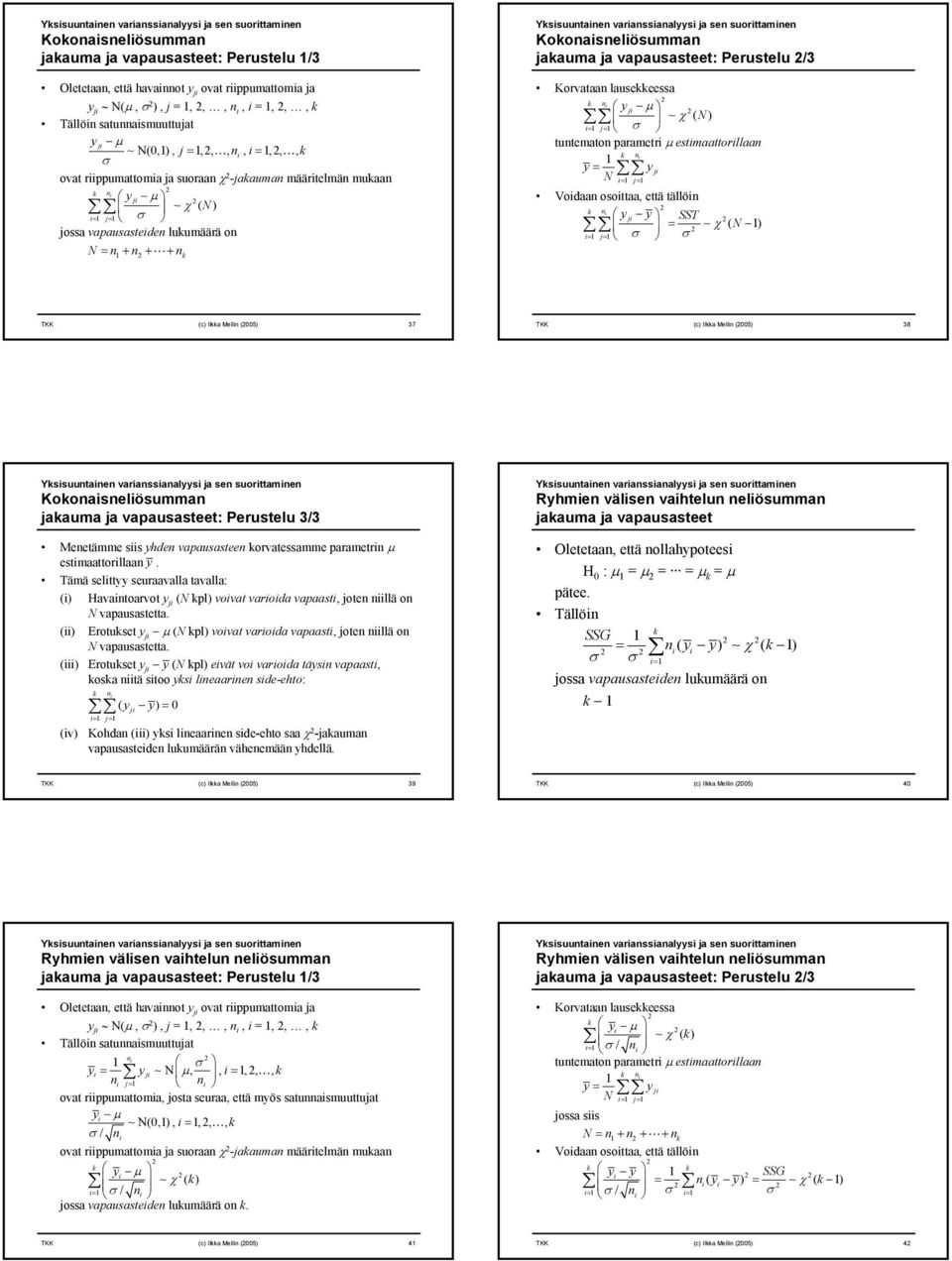 Perustelu /3 Korvataa lauseeessa j µ χ ( N = σ tutemato parametr µ estmaattorllaa N = j = = Vodaa osottaa, että tällö j SST = χ ( N = σ σ j TKK (c Ila Mell (005 38 Yssuutae varassaals ja se suorttame