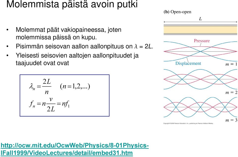 Yleisesti seisovie aaltoje aallopituudet ja taajuudet ovat ovat 2L v f 2L (