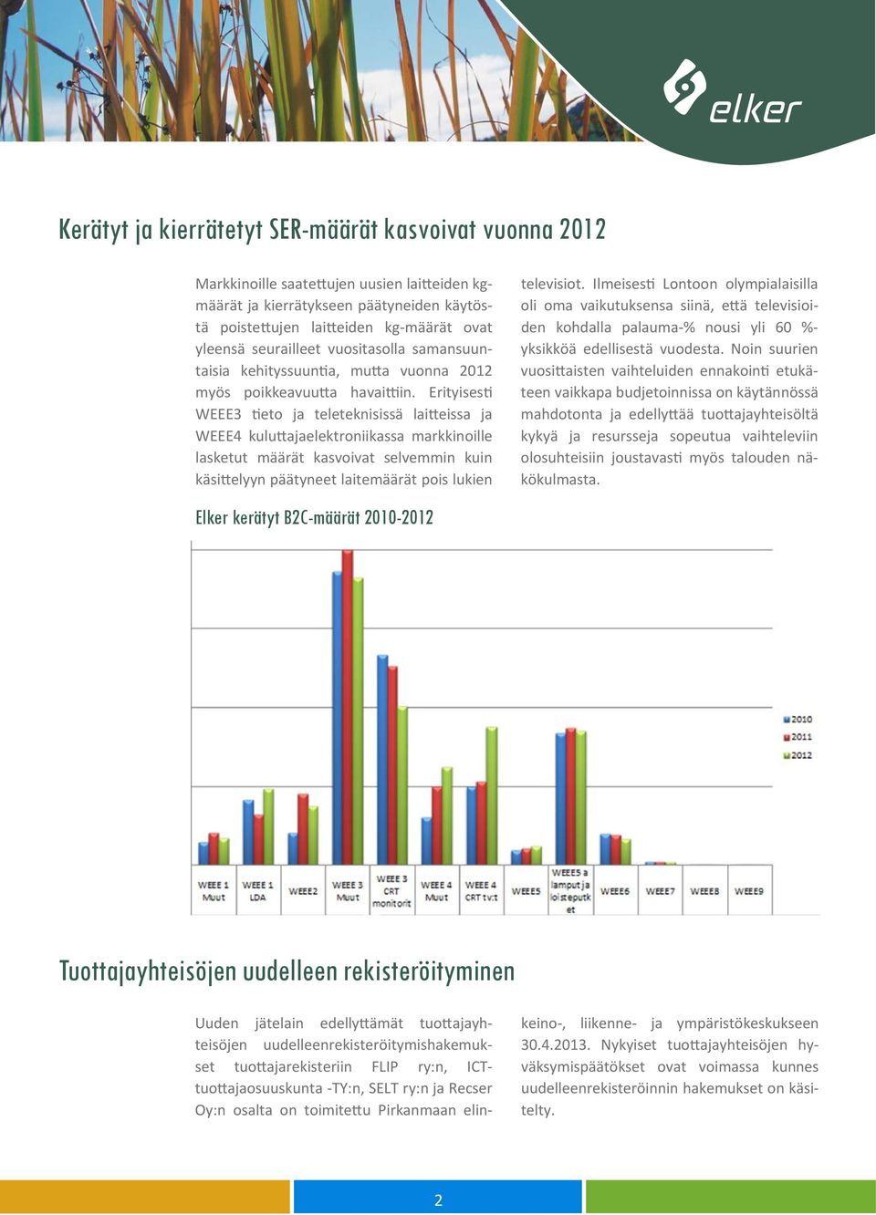 Erityises WEEE3 eto ja teleteknisissä lai eissa ja WEEE4 kulu ajaelektroniikassa markkinoille lasketut määrät kasvoivat selvemmin kuin käsi elyyn päätyneet laitemäärät pois lukien televisiot.