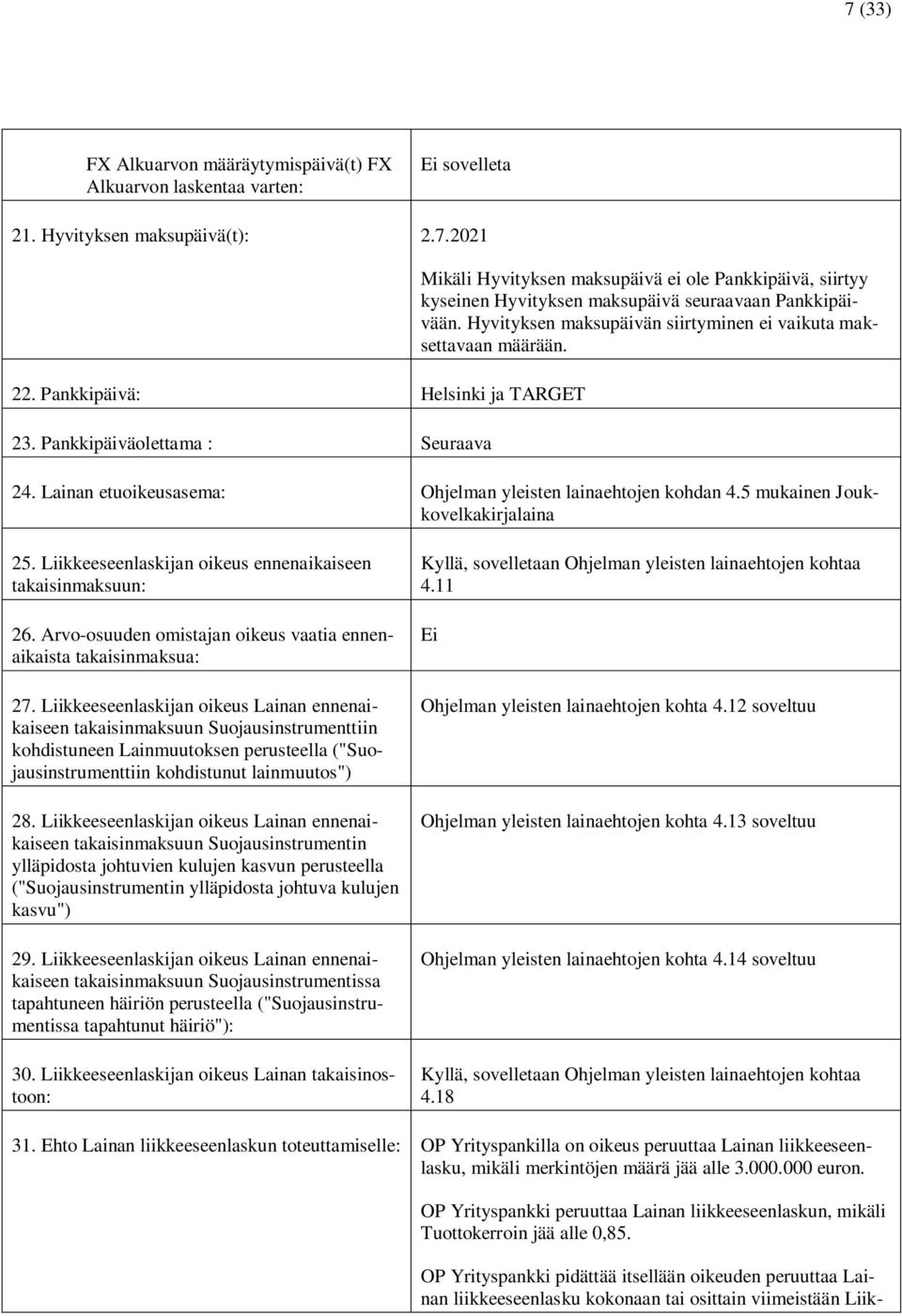 Hyvityksen maksupäivän siirtyminen ei vaikuta maksettavaan määrään. 24. Lainan etuoikeusasema: Ohjelman yleisten lainaehtojen kohdan 4.5 mukainen Joukkovelkakirjalaina 25.