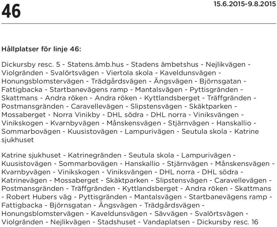 ramp - Mantalsvägen - Pyttisgränden - Skattmans - Andra röken - Andra röken - Kyttlandsberget - Träffgränden - Postmansgränden - Caravellevägen - Slipstensvägen - Skäktparken - Mossaberget - Norra