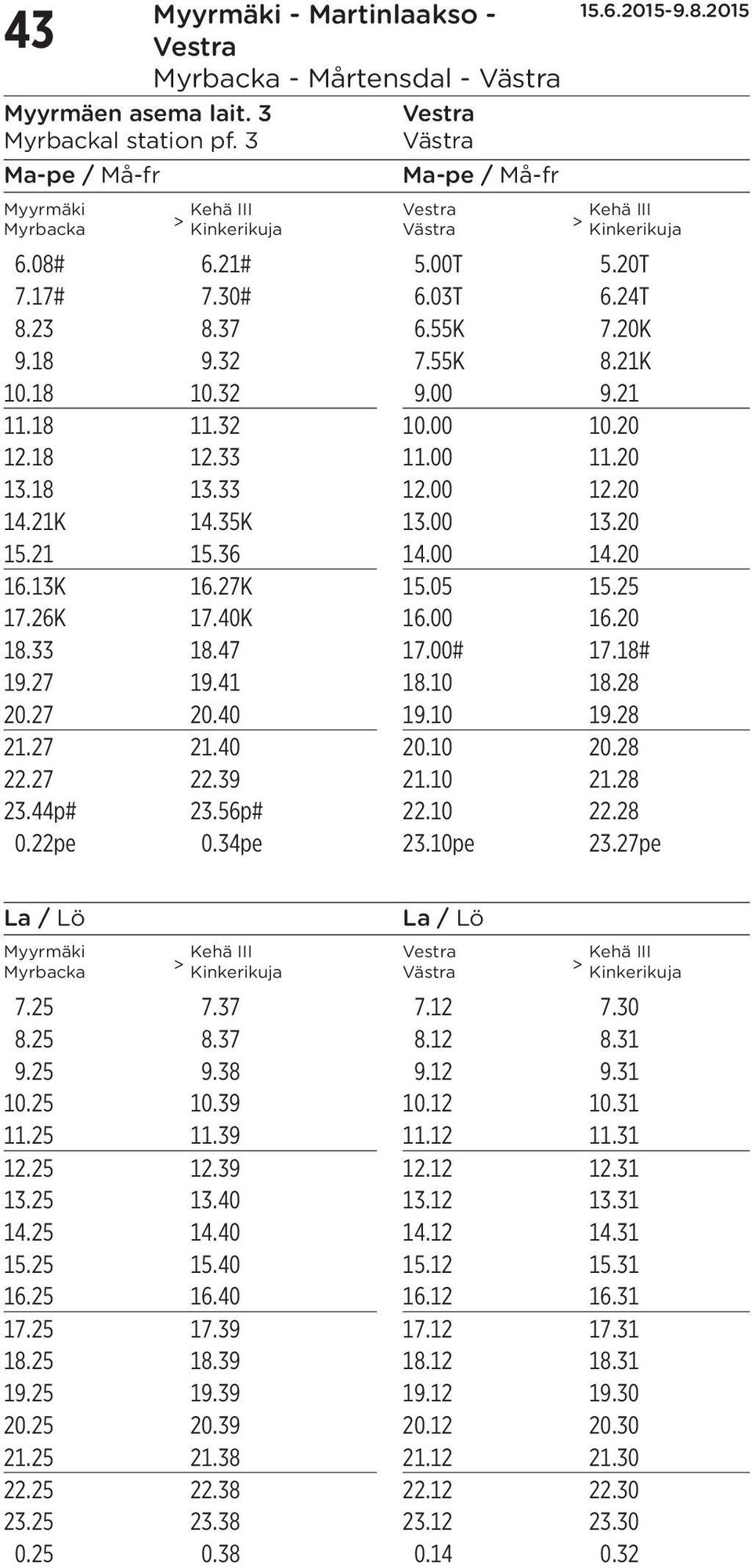 00# 17.18# 19.27 19.41 18.10 18.28 20.27 20.40 19.10 19.28 21.27 21.40 20.10 20.28 22.27 22.39 21.10 21.28 23.44p# 23.56p# 22.10 22.28 0.22pe 0.34pe 23.10pe 23.27pe Vestra Västra 7.25 7.37 7.12 7.
