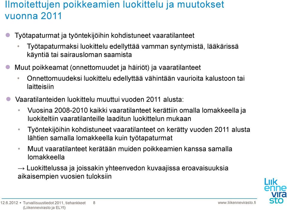 muuttui vuoden 2011 alusta: Vuosina 2008-2010 kaikki vaaratilanteet kerättiin omalla lomakkeella ja luokiteltiin vaaratilanteille laaditun luokittelun mukaan Työntekijöihin kohdistuneet