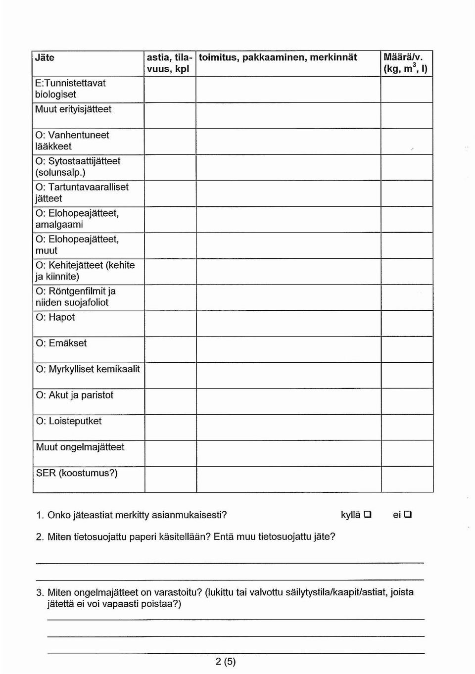 ) 0: Tartuntavaaralliset jätteet 0: Elohopeajätteet, amalgaami 0: Elohopeajätteet, muut 0: Kehitejätteet (kehite ja kiinnite) 0: Röntgenfilmit ja niiden suojafoliot 0: Hapot 0: