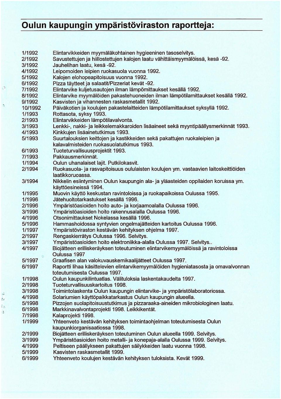 2/1997 3/1997 4/1997 5/1997 6/1997 1/1998 2/1998 3/1998 4/1998 5/1998 6/1998 7/1998 1/1999 2/1999 3/1999 4/1999 5/1999 6/1999 Elintarvikkeiden myymäläkohtainen hygieeninen tasoselvitys.