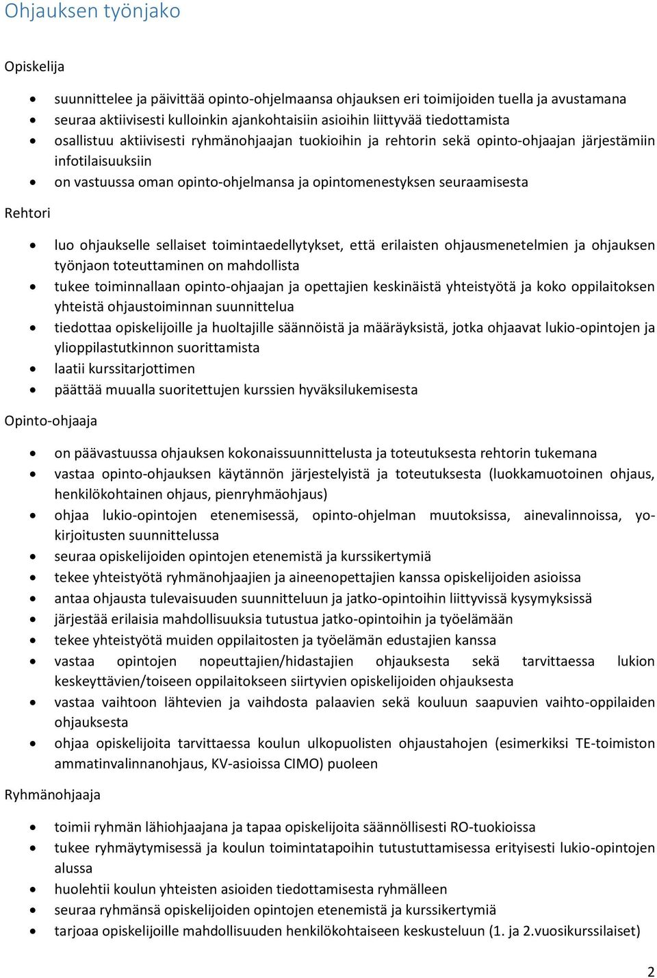 Rehtori luo ohjaukselle sellaiset toimintaedellytykset, että erilaisten ohjausmenetelmien ja ohjauksen työnjaon toteuttaminen on mahdollista tukee toiminnallaan opinto-ohjaajan ja opettajien