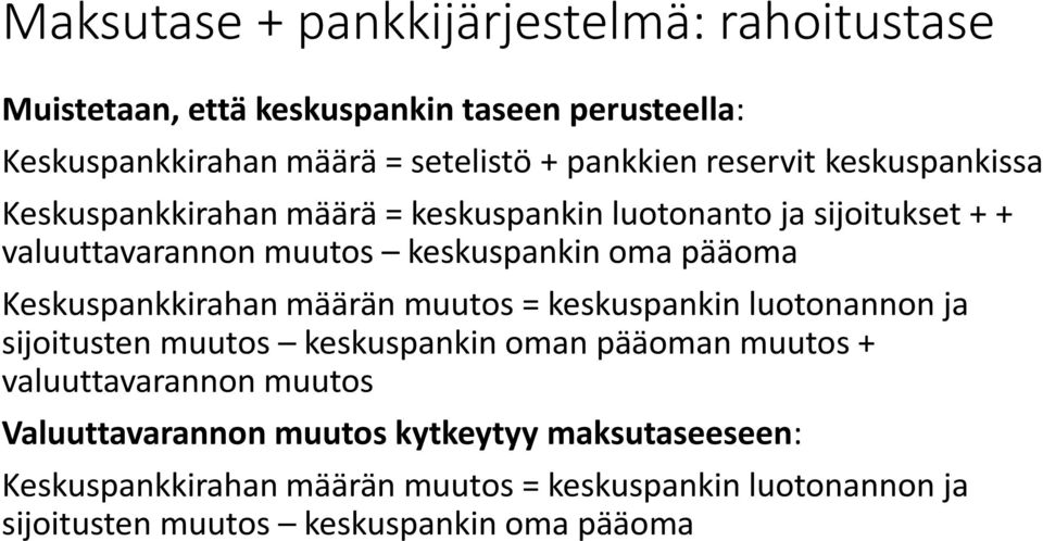 Keskuspankkirahan määrän muutos = keskuspankin luotonannon ja sijoitusten muutos keskuspankin oman pääoman muutos + valuuttavarannon muutos