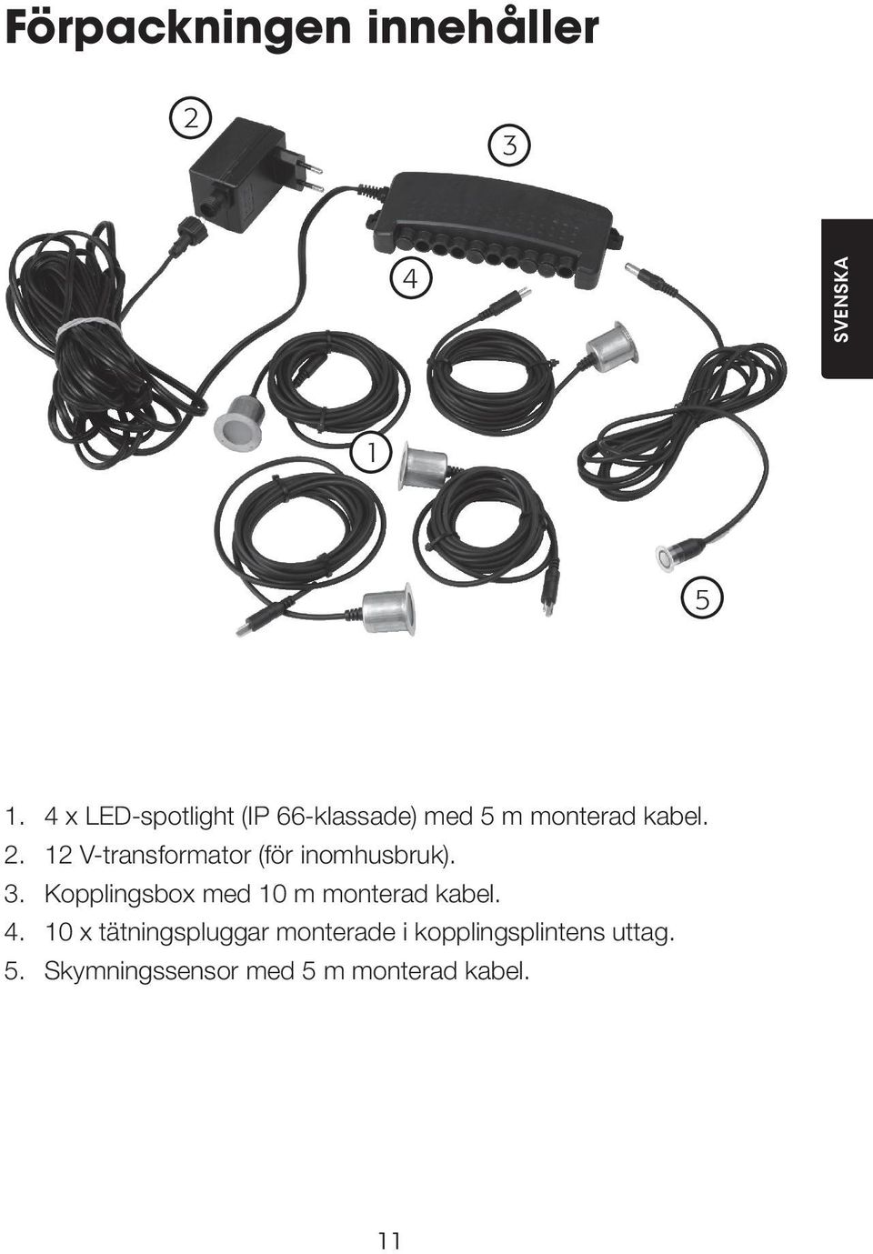 12 V-transformator (för inomhusbruk). 3.