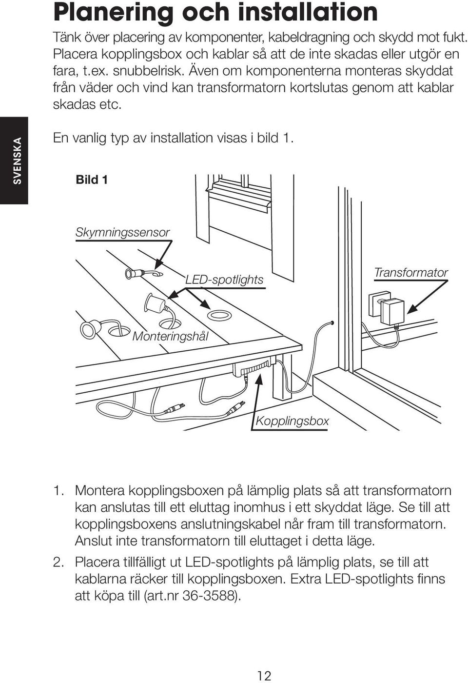 Bild 1 Skymningssensor LED-spotlights Transformator Monteringshål Kopplingsbox 1.