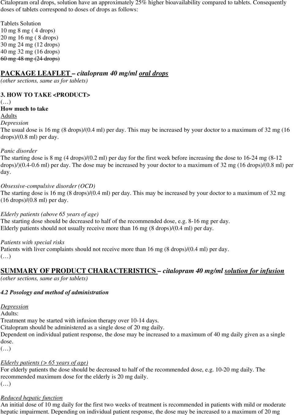 drops) PACKAGE LEAFLET citalopram 40 mg/ml oral drops (other sections, same as for tablets) 3. HOW TO TAKE <PRODUCT> How much to take Adults The usual dose is 16 mg (8 drops)/(0.4 ml) per day.