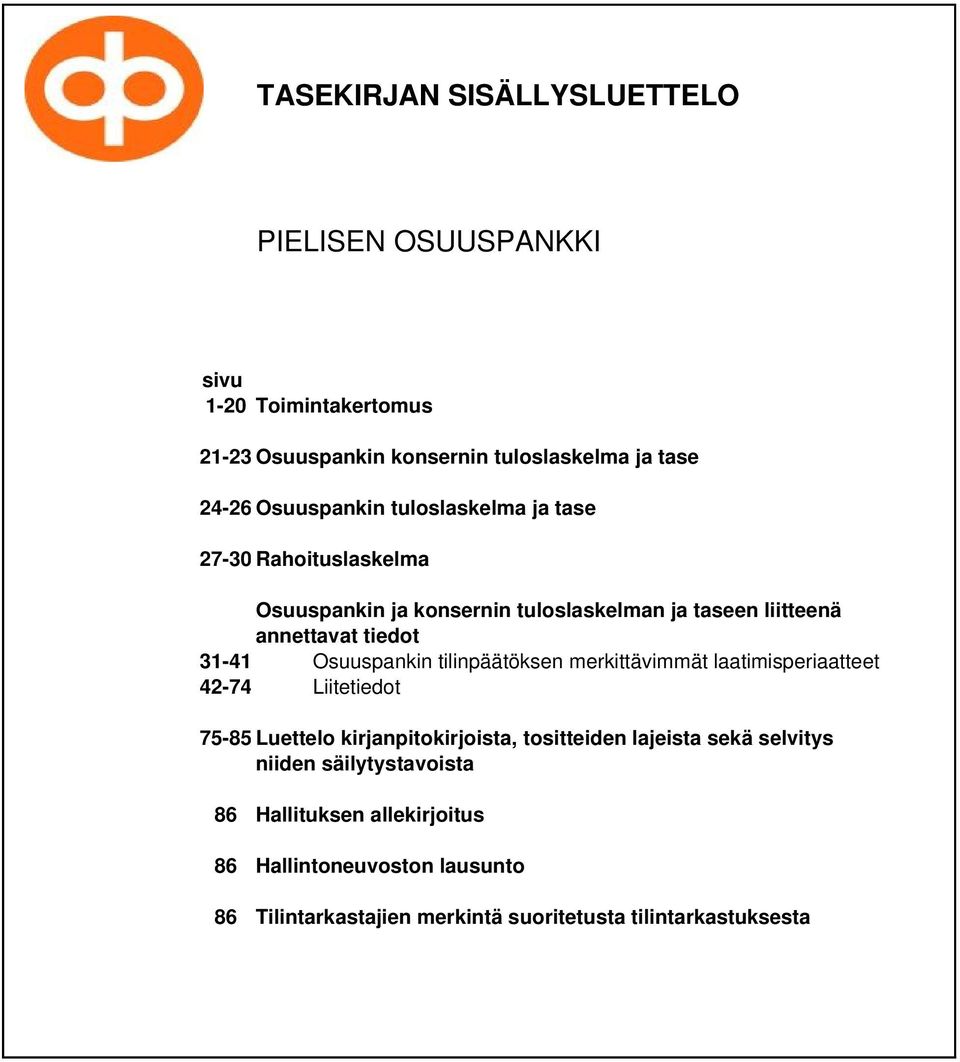 Osuuspankin tilinpäätöksen merkittävimmät laatimisperiaatteet 42-74 Liitetiedot 75-85 Luettelo kirjanpitokirjoista, tositteiden lajeista sekä
