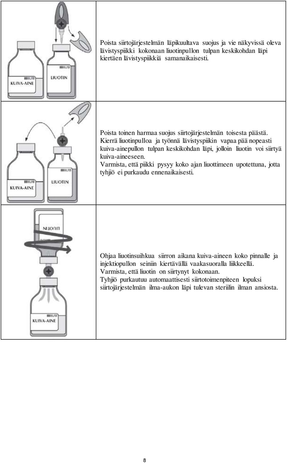 Kierrä liuotinpulloa ja työnnä lävistyspiikin vapaa pää nopeasti kuiva-ainepullon tulpan keskikohdan läpi, jolloin liuotin voi siirtyä kuiva-aineeseen.