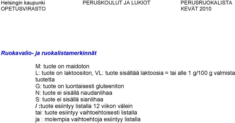 N: tuote ei sisällä naudanlihaa S: tuote ei sisällä sianlihaa / :tuote esiintyy listalla 12