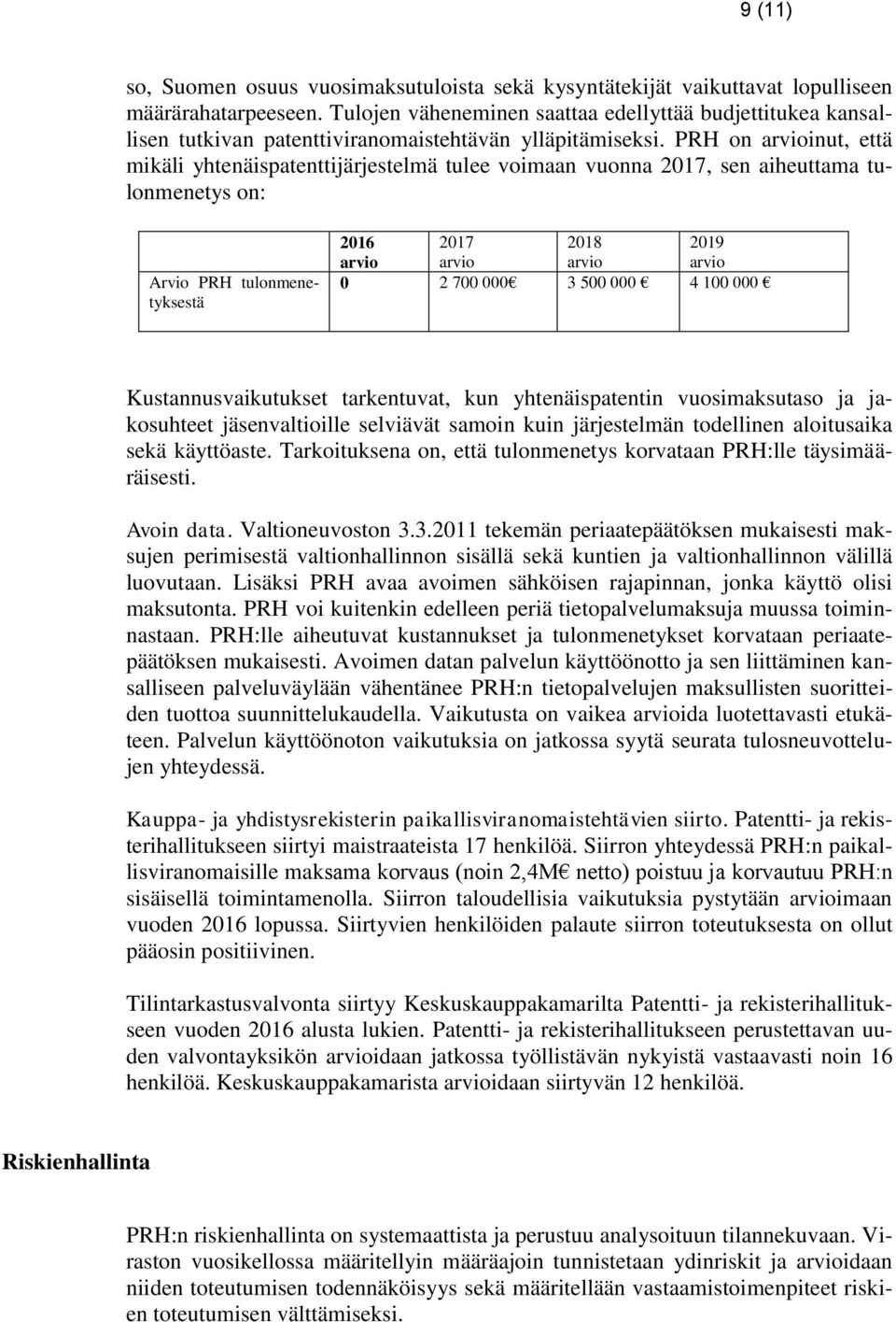 PRH on arvioinut, että mikäli yhtenäispatenttijärjestelmä tulee voimaan vuonna, sen aiheuttama tulonmenetys on: Arvio PRH tulonmenetyksestä arvio arvio arvio arvio 0 2 700 000 3 500 000 4 100 000