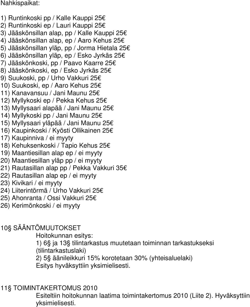 25 11) Kanavansuu / Jani Maunu 25 12) Myllykoski ep / Pekka Kehus 25 13) Myllysaari alapää / Jani Maunu 25 14) Myllykoski pp / Jani Maunu 25 15) Myllysaari yläpää / Jani Maunu 25 16) Kaupinkoski /