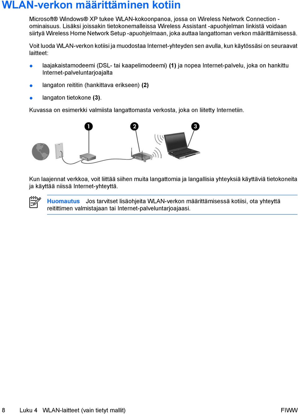Voit luoda WLAN-verkon kotiisi ja muodostaa Internet-yhteyden sen avulla, kun käytössäsi on seuraavat laitteet: laajakaistamodeemi (DSL- tai kaapelimodeemi) (1) ja nopea Internet-palvelu, joka on