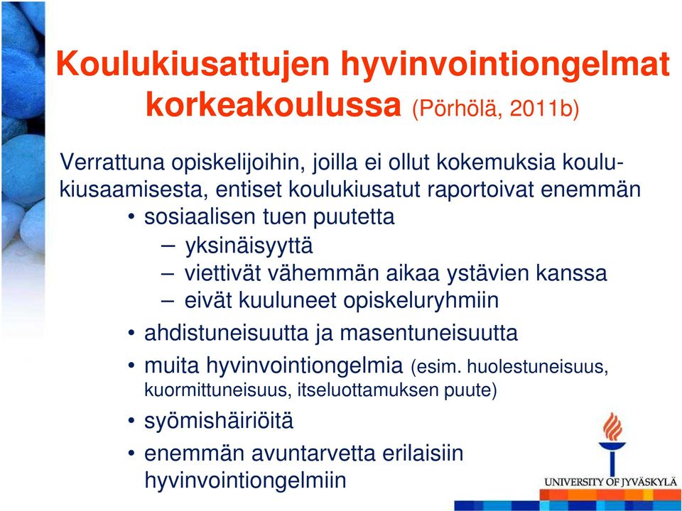 aikaa ystävien kanssa eivät kuuluneet opiskeluryhmiin ahdistuneisuutta ja masentuneisuutta muita hyvinvointiongelmia (esim.