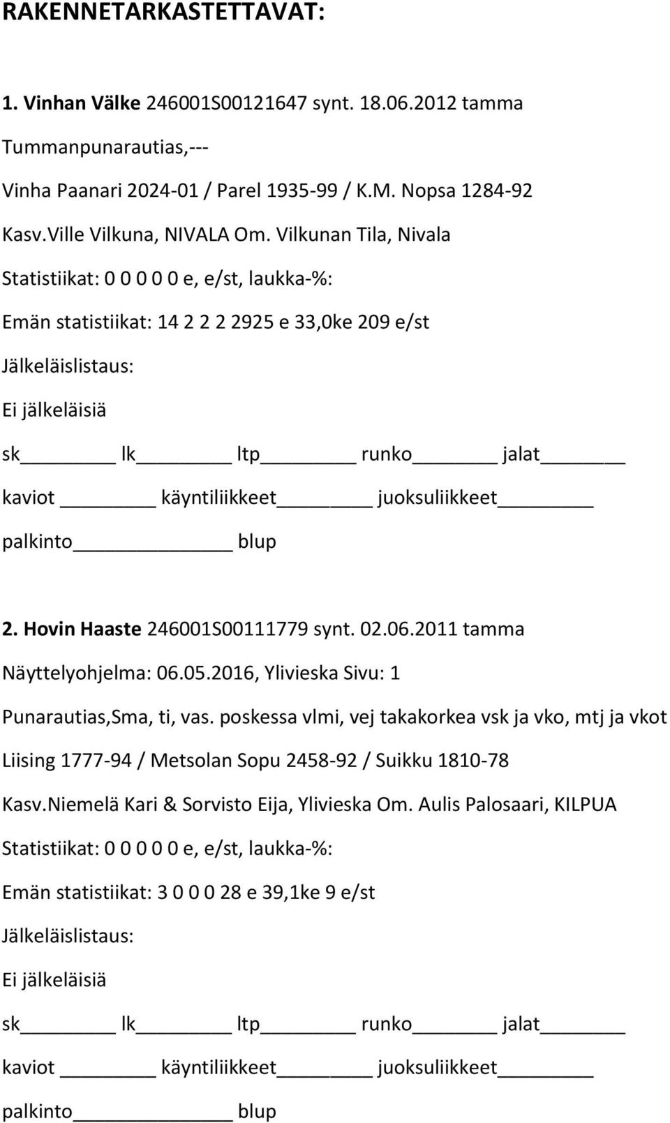 02.06.2011 tamma Näyttelyohjelma: 06.05.2016, Ylivieska Sivu: 1 Punarautias,Sma, ti, vas.