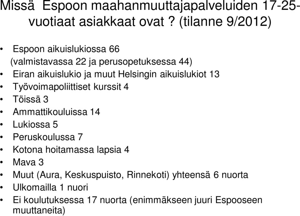 Helsingin aikuislukiot 13 Työvoimapoliittiset kurssit 4 Töissä 3 Ammattikouluissa 14 Lukiossa 5 Peruskoulussa 7