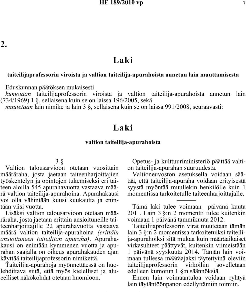 taiteilija-apurahoista 3 Opetus- ja kulttuuriministeriö päättää valtion taiteilija-apurahan suuruudesta.