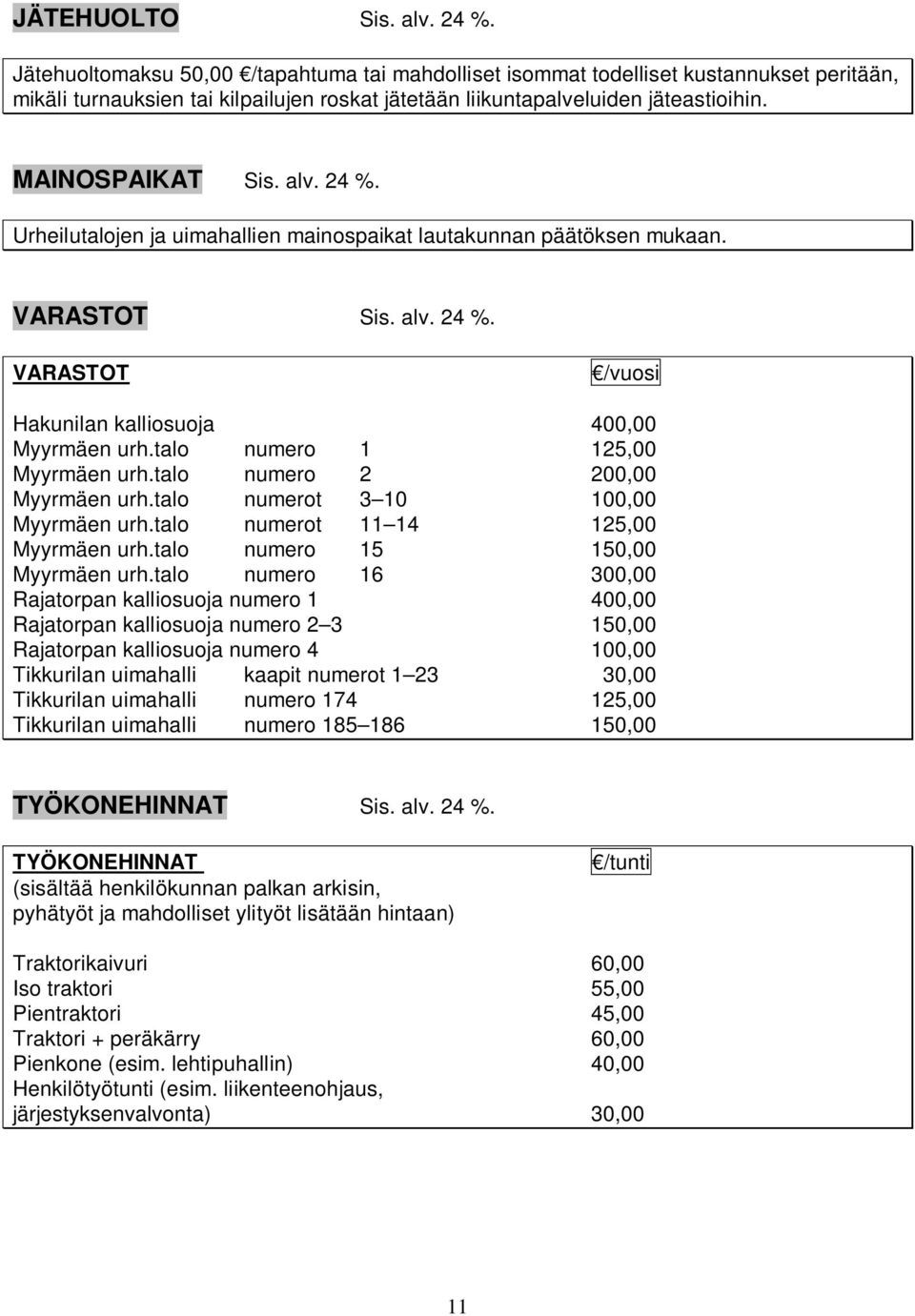 24 %. Urheilutalojen ja uimahallien mainospaikat lautakunnan päätöksen mukaan. VARASTOT Sis. alv. 24 %. VARASTOT /vuosi Hakunilan kalliosuoja 400,00 Myyrmäen urh.talo numero 1 125,00 Myyrmäen urh.