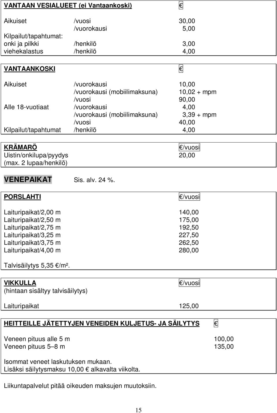 Uistin/onkilupa/pyydys 20,00 (max. 2 lupaa/henkilö) VENEPAIKAT Sis. alv. 24 %.