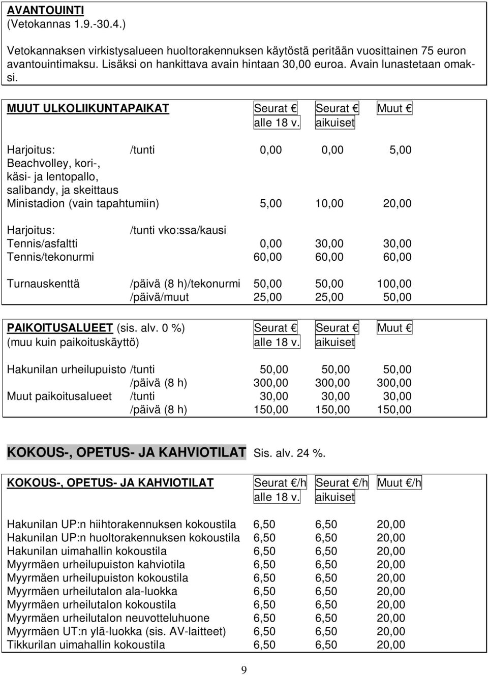 MUUT ULKOLIIKUNTAPAIKAT Seurat Seurat Muut Harjoitus: /tunti 0,00 0,00 5,00 Beachvolley, kori-, käsi- ja lentopallo, salibandy, ja skeittaus Ministadion (vain tapahtumiin) 5,00 10,00 20,00 Harjoitus: