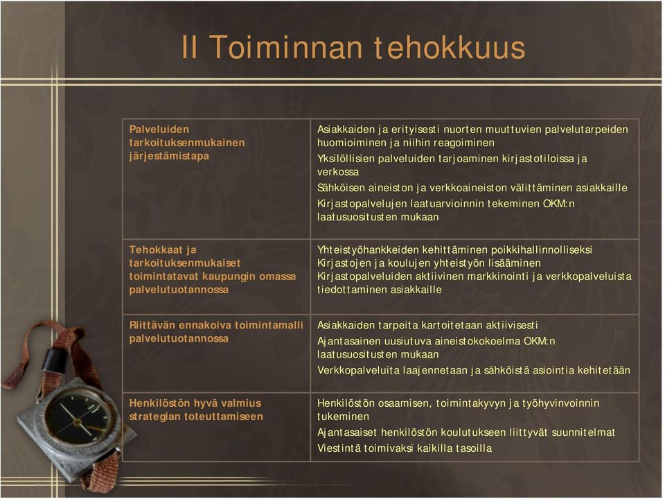 tarkoituksenmukaiset toimintatavat kaupungin omassa palvelutuotannossa Yhteistyöhankkeiden kehittäminen poikkihallinnolliseksi Kirjastojen ja koulujen yhteistyön lisääminen Kirjastopalveluiden