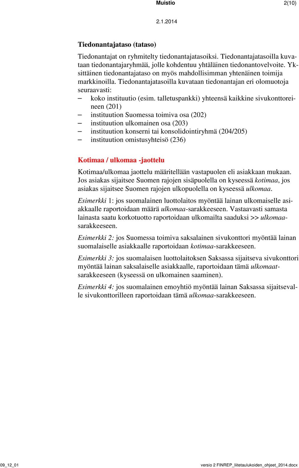 talletuspankki) yhteensä kaikkine sivukonttoreineen (201) instituution Suomessa toimiva osa (202) instituution ulkomainen osa (203) instituution konserni tai konsolidointiryhmä (204/205) instituution