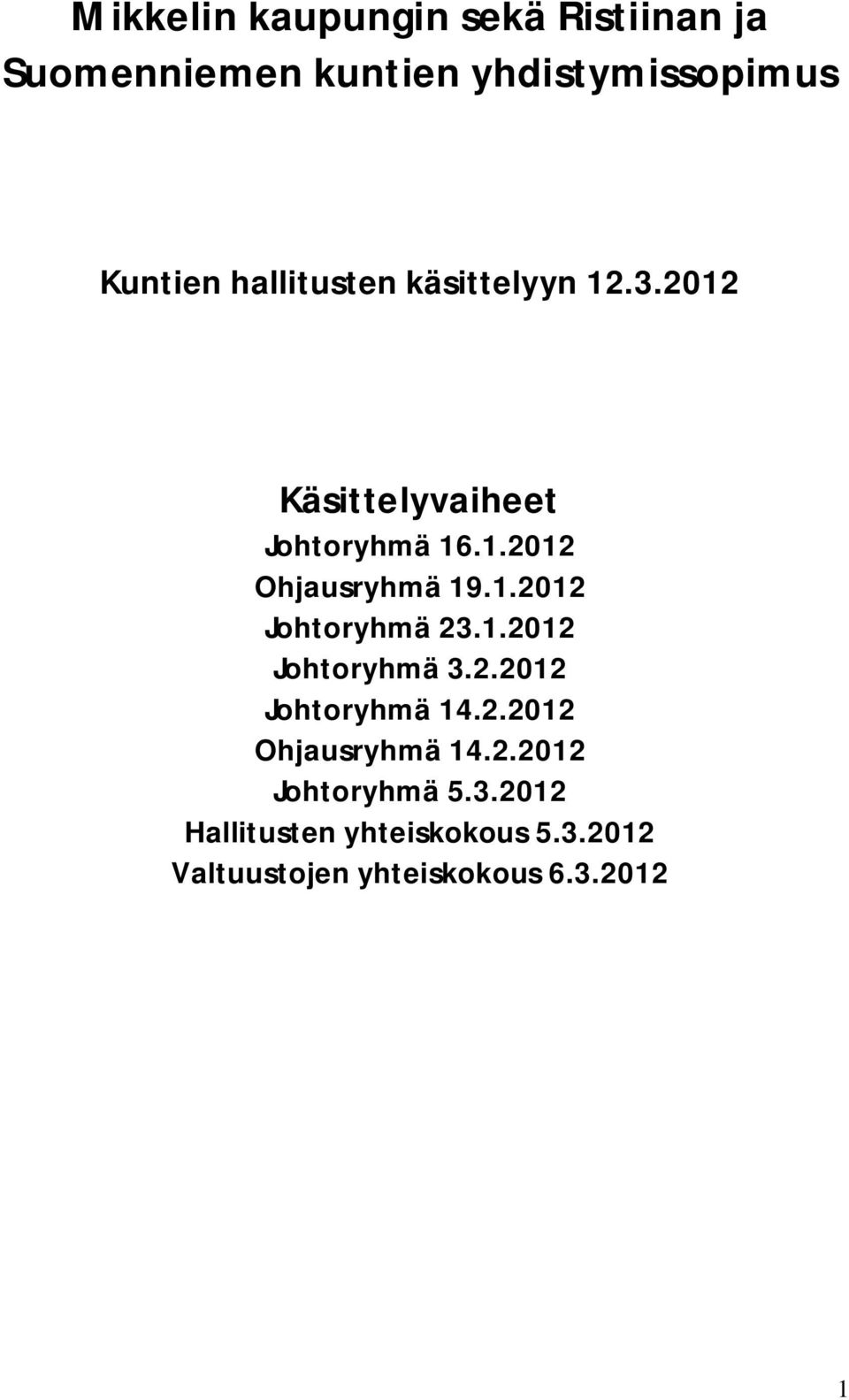 1.2012 Johtoryhmä 23.1.2012 Johtoryhmä 3.2.2012 Johtoryhmä 14.2.2012 Ohjausryhmä 14.2.2012 Johtoryhmä 5.