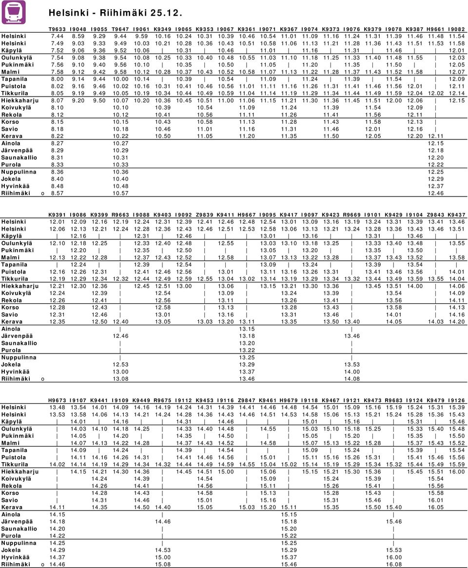 58 Käpylä 7.52 9.06 9.36 9.52 10.06 10.31 10.46 11.01 11.16 11.31 11.46 12.01 Oulunkylä 7.54 9.08 9.38 9.54 10.08 10.25 10.33 10.40 10.48 10.55 11.03 11.10 11.18 11.25 11.33 11.40 11.48 11.55 12.