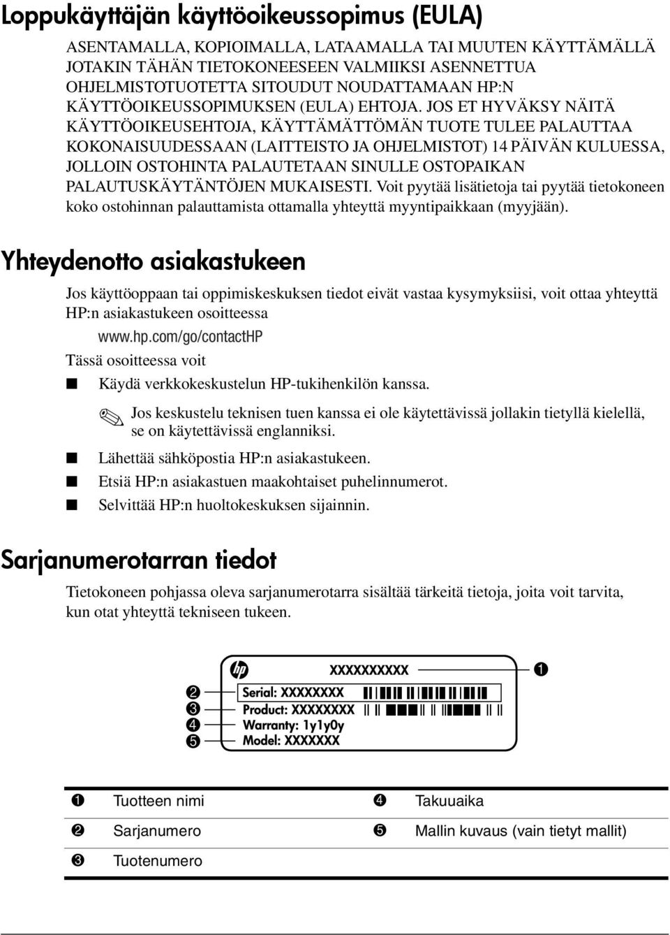 JOS ET HYVÄKSY NÄITÄ KÄYTTÖOIKEUSEHTOJA, KÄYTTÄMÄTTÖMÄN TUOTE TULEE PALAUTTAA KOKONAISUUDESSAAN (LAITTEISTO JA OHJELMISTOT) 14 PÄIVÄN KULUESSA, JOLLOIN OSTOHINTA PALAUTETAAN SINULLE OSTOPAIKAN