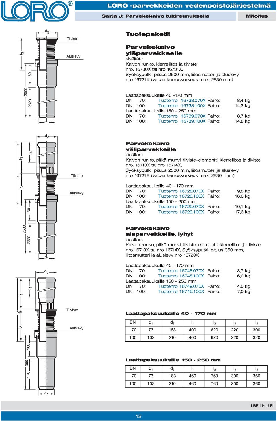 070X Paino: 08,4 kg DN 100: Tuotenro 16738.100X Paino: 14,3 kg Laattapaksuuksille 150-250 mm DN 70: Tuotenro 16739.070X Paino: 08,7 kg DN 100: Tuotenro 16739.